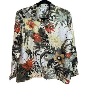 DRAPER'S & DAMON'S Petites‎ M Botanical Print 100% SILK TOP Embellished